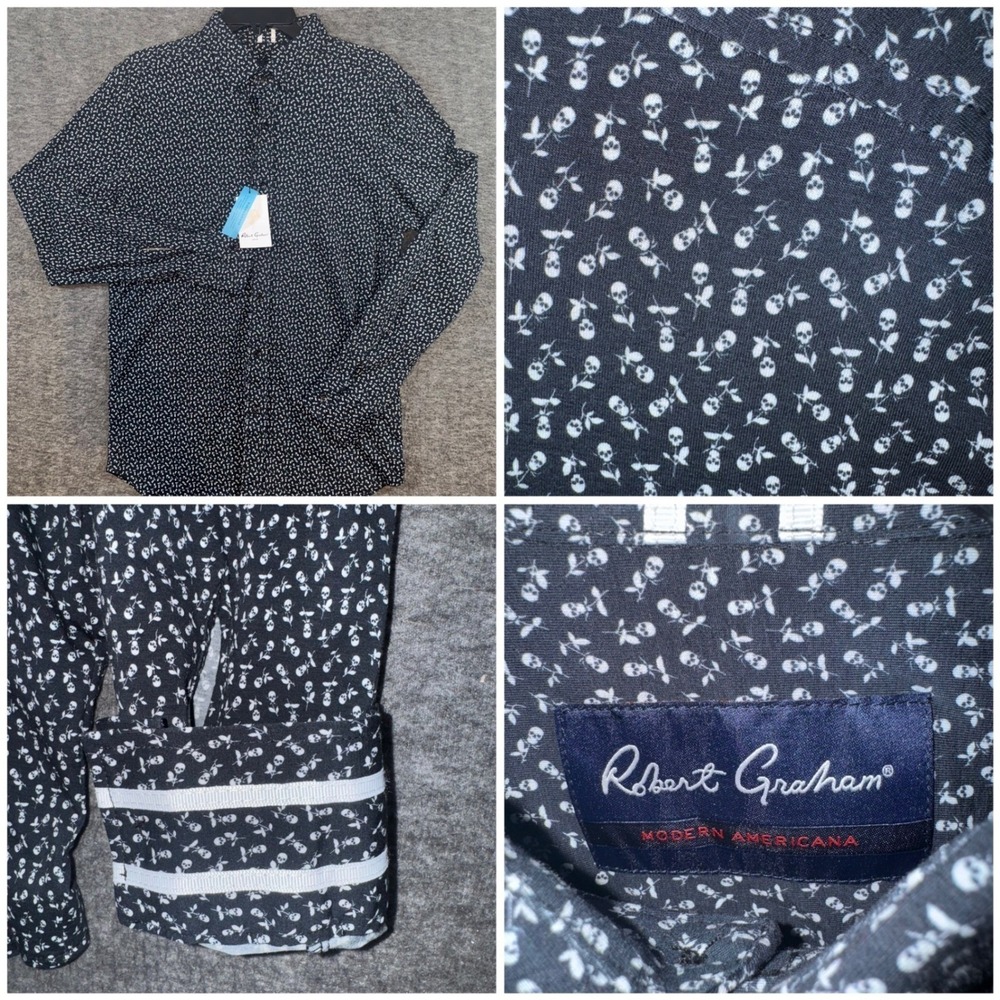 Robert Graham Mens Crossbones Skull Rose Print Tailored Fit Shirt Black Sz L NEW